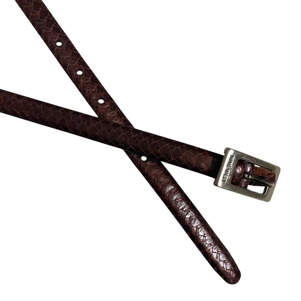 Vintage Nine West Brown Embossed Leather Skinny Belt Medium  Silver Tone Buckle